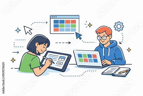 Designers collaborating on web development, creating interface and user experience