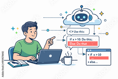 Coder collaborating with ai assistant during cloud computing programming