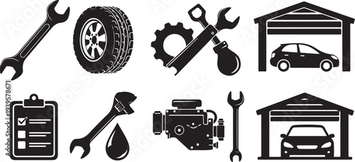 Black and white car repair tools and icons set