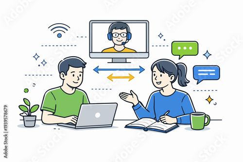 People collaborating remotely through online video calls, learning and meeting digitally
