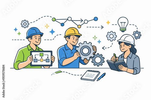 Team of engineers collaborating on a project, planning and developing new ideas