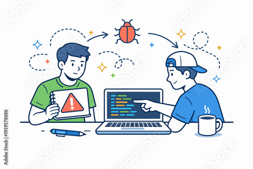 Developers collaborating, working on a laptop, fixing bug in software testing