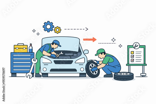 Auto service process with mechanics performing car repair and tire changing