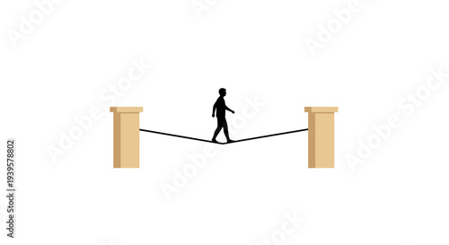 Man Walking on Tightrope Between Pillars.