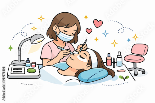 Esthetician applying eyelash extensions on woman client in a beauty salon