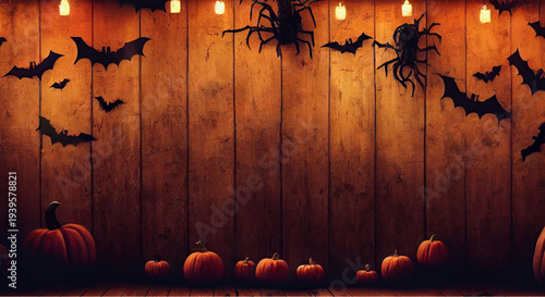 Spooky Halloween decorations with pumpkins and bats on wooden wall