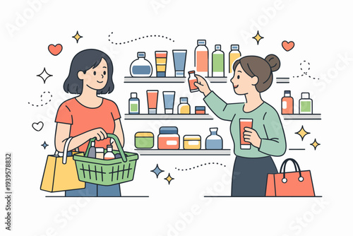 Women shopping for beauty products and cosmetics in a store