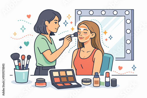 Makeup artist applying cosmetics, contouring face for a client in beauty salon