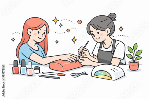 Professional manicurist doing nails for a happy client at a beauty salon