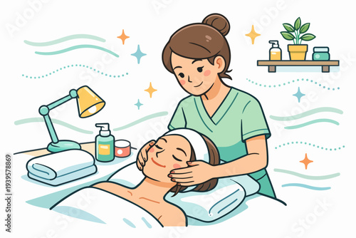 Esthetician giving a facial massage to a woman in a spa for skincare treatment