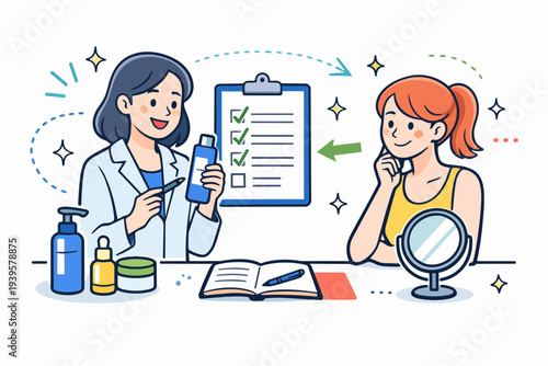 Skincare specialist advising woman on beauty products for healthy skin routine