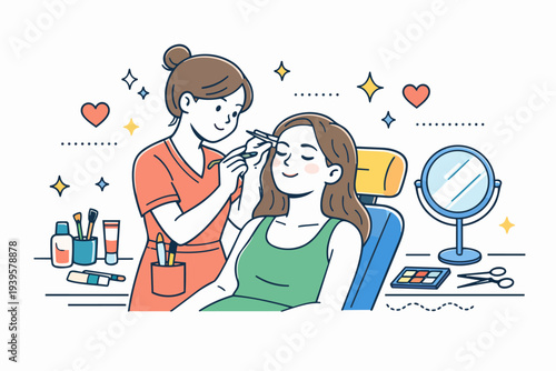 Beauty professional applying eyebrow makeup to client in salon setting