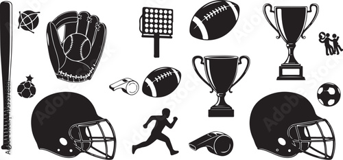 Sports icons and trophies in black and white illustration