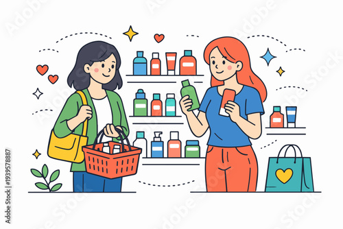 Women shopping for beauty products in a store, choosing cosmetics and skincare