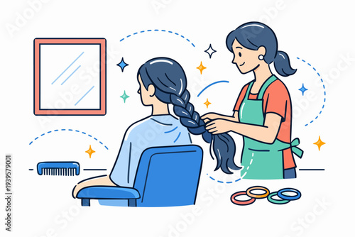 Hairstylist braiding client's hair in a salon, offering beauty and care services