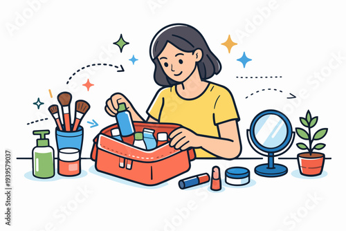 Woman organizing cosmetics in makeup bag preparing for beauty skincare routine