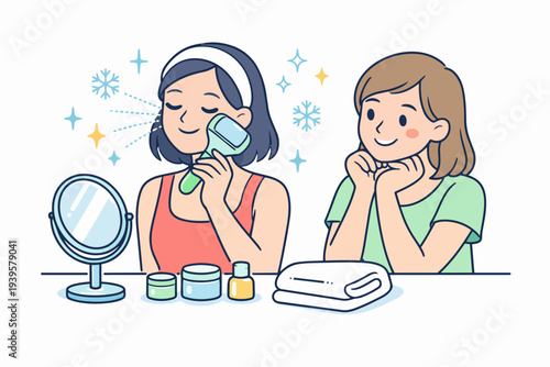 Women friends doing beauty routine, one using a facial ice roller for skincare
