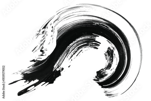 Abstract Black Ink Brush Stroke Swirl and Splash,Dynamic Black Grunge Paint Smear with Textured Splatter.