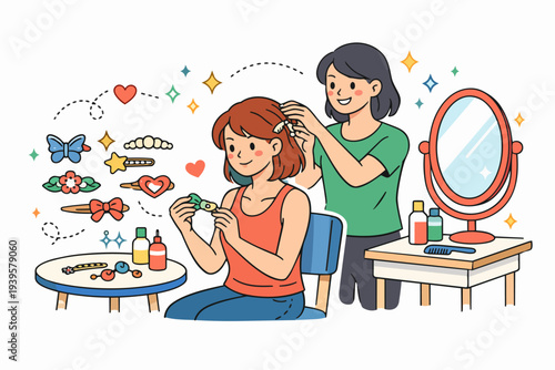 Woman styling friend's hair with clips, enjoying bonding during beauty routine