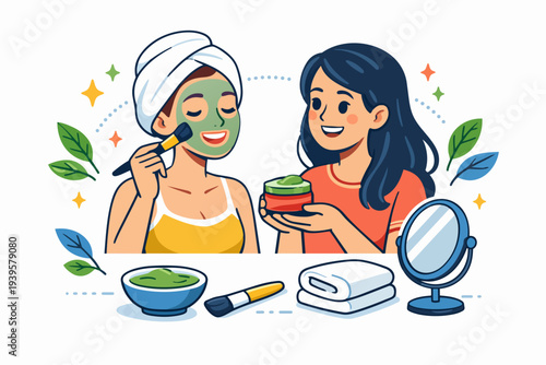 Young women enjoying skincare routine, applying natural facial mask together