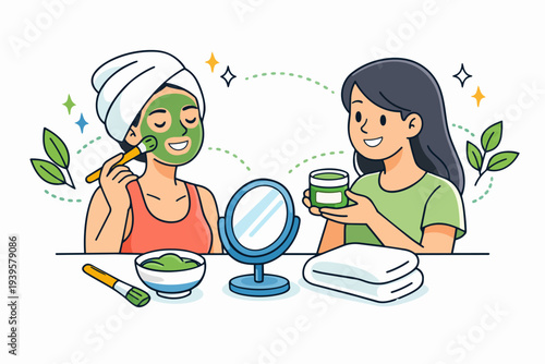 Women having a spa day, applying a natural green face mask for skin care