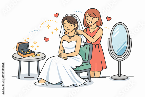 Bride getting ready, bridesmaid helping with necklace for the wedding ceremony