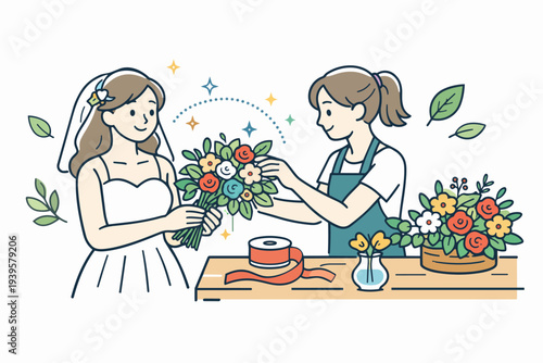 Florist arranging wedding bouquet for bride, celebrating marriage and floral design