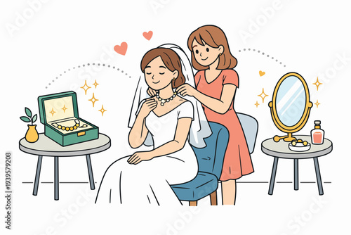 Bridesmaid helping bride wearing wedding necklace during marriage preparation