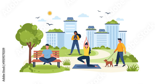 Healthy Urban Lifestyle in Eco-Friendly City Park: People Practicing Yoga, Meditation & Walking Dog with Sustainable Buildings