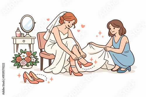 Bride getting ready for wedding ceremony, bridesmaid helping with shoes