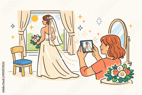 Capturing the moment: woman photographing bride in wedding dress getting ready