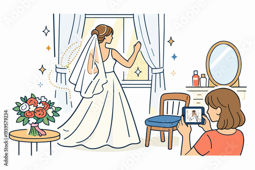 Bride getting ready for wedding day, woman capturing moment on tablet
