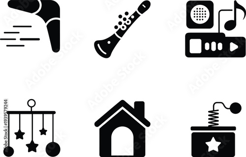 Baby and kids toys icons set with hair dryer clarinet music player crib mobile toy house cad drawing flat vector illustration
