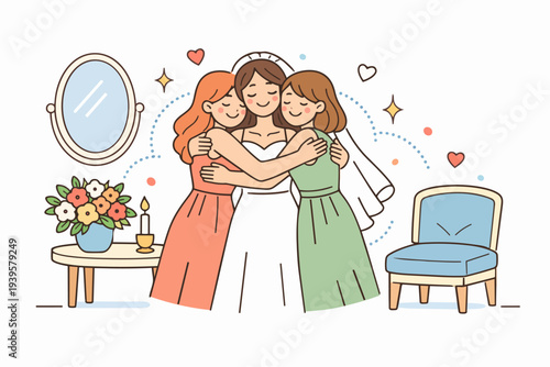 Bride hugging bridesmaids, celebrating wedding and strong female friendship