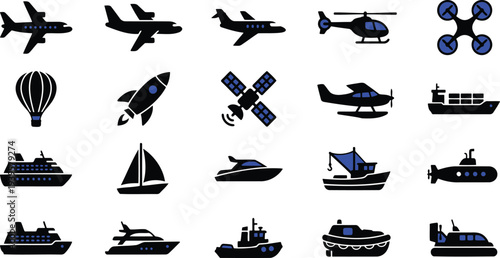 Collection of transportation icons including airplanes helicopters hot air balloons rockets satellites boats and ships in black and blue on white background