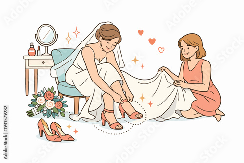 Bride getting ready for wedding day, putting on shoes with help from bridesmaid