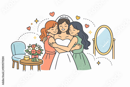 Bride hugging bridesmaids before wedding ceremony, sharing friendship and love