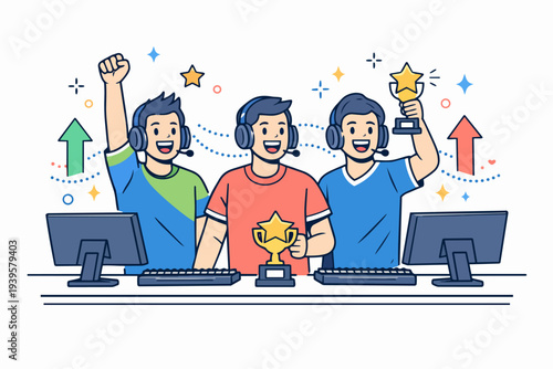 Esports team winning competition, gamers holding trophies, celebrating triumph and success