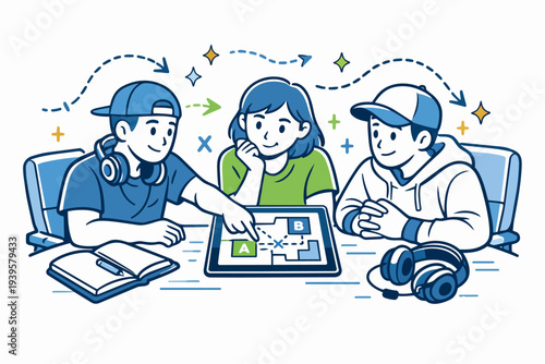 Students working together on a plan, using a tablet for problem solving and strategy