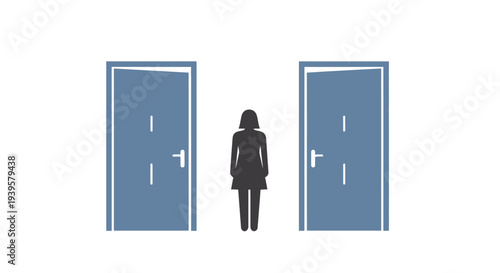 Woman Standing Between Two Blue Doors.