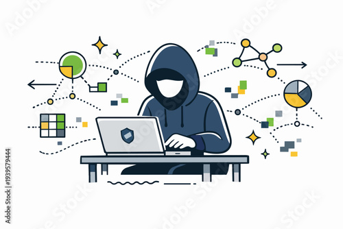 Hacker working on laptop with network security and data information symbols