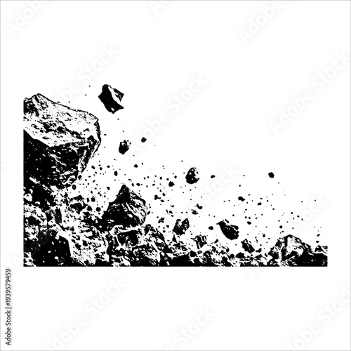 Exploding Rock Surface With Flying Stone Debris Border