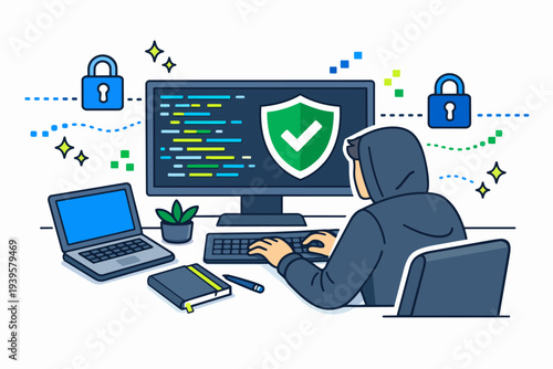 Hacker programming developing secure computer software with data protection shield