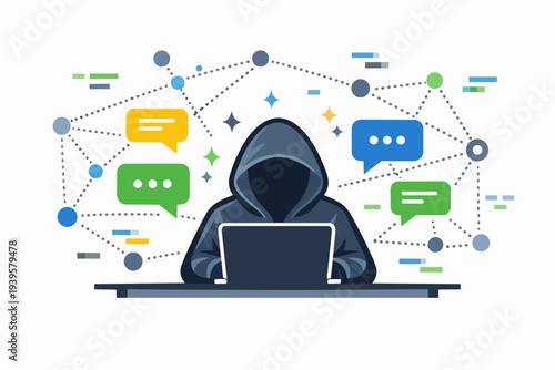 Hacker in hoodie working on laptop, spreading data across network, cybercrime concept