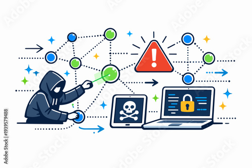 Hacker injecting malware into a network, causing data breach and cyber security risk