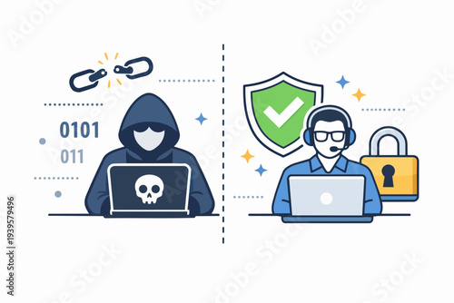 Cybersecurity concept opposing a hacker breaking security and an it professional protecting data