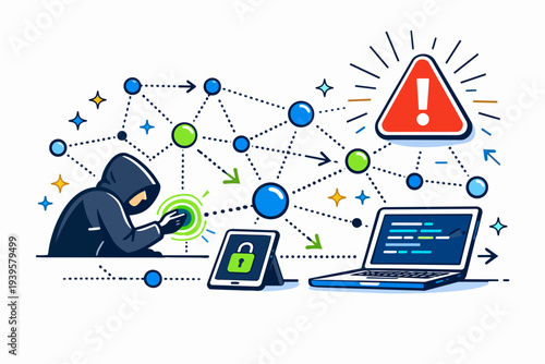 Hacker disrupting networked data, causing cyber security breach and warning alert