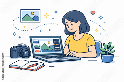 Woman freelancer creating digital art and editing images on laptop with passion