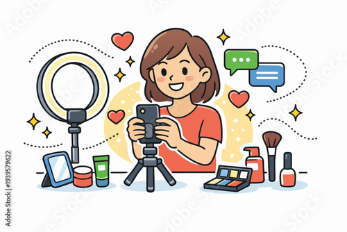 Young woman creating beauty content, live streaming makeup tutorial with ring light