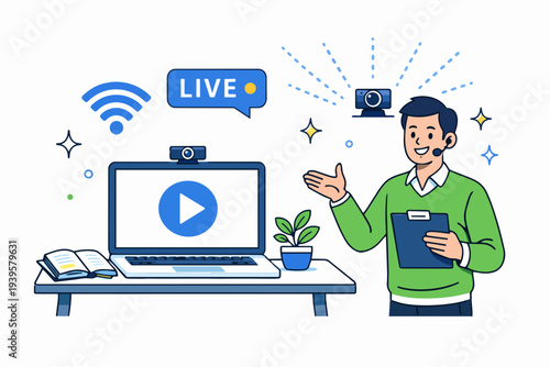 Presenter conducting live stream webinar from home using laptop and webcam
